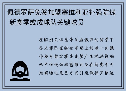 佩德罗萨免签加盟塞维利亚补强防线 新赛季或成球队关键球员